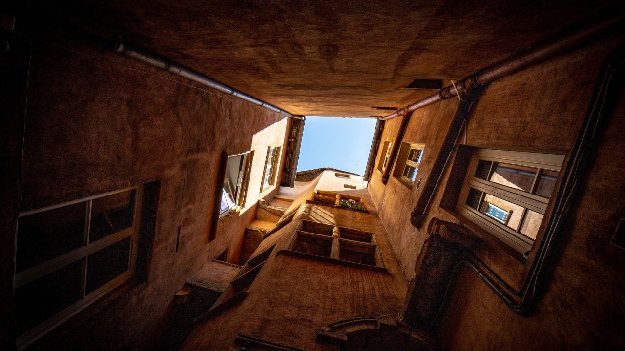 Historic traboule passageway in Lyon, France.