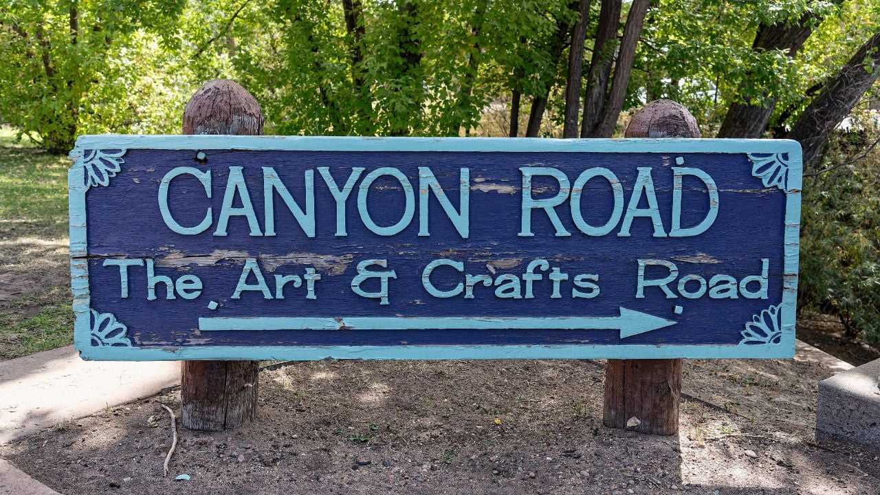 Canyon Road sign in Santa Fe, New Mexico, near galleries, boutiques, and restaurants