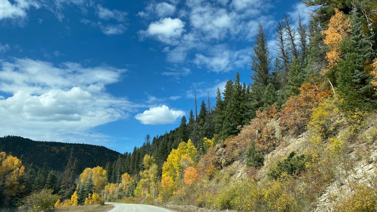 High Road to Taos Scenic Byway in New Mexico with autumn color, rugged terrain, and Sangre de Cristo mountain scenery
