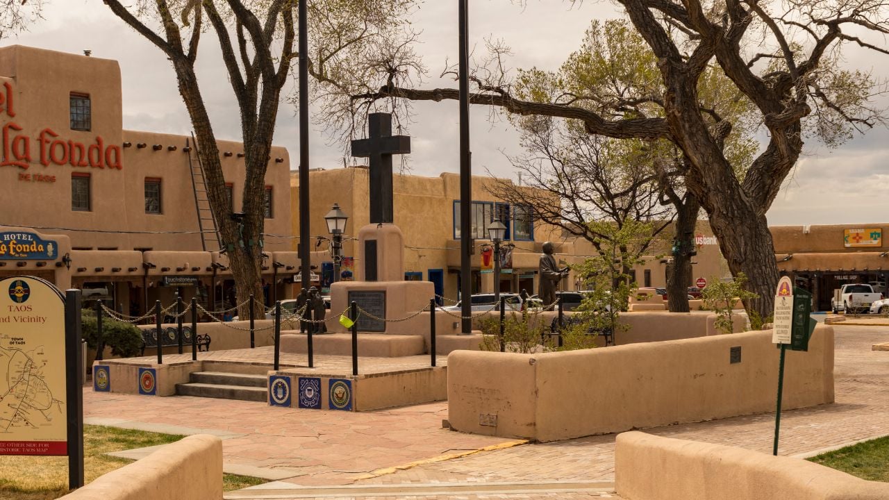 Taos Plaza restaurants, shops, and historic district buildings in Taos, New Mexico