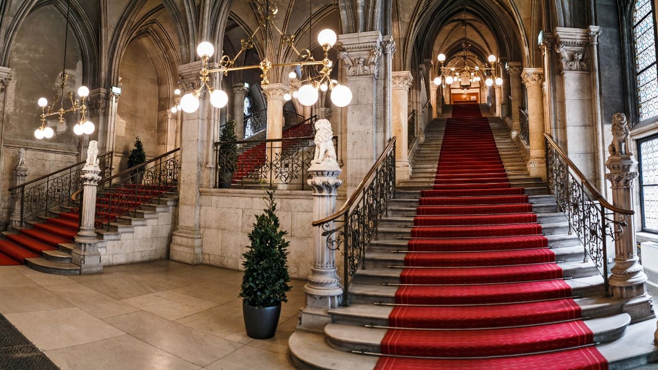 Interior staircase at Vienna City Hall in Vienna, Austria