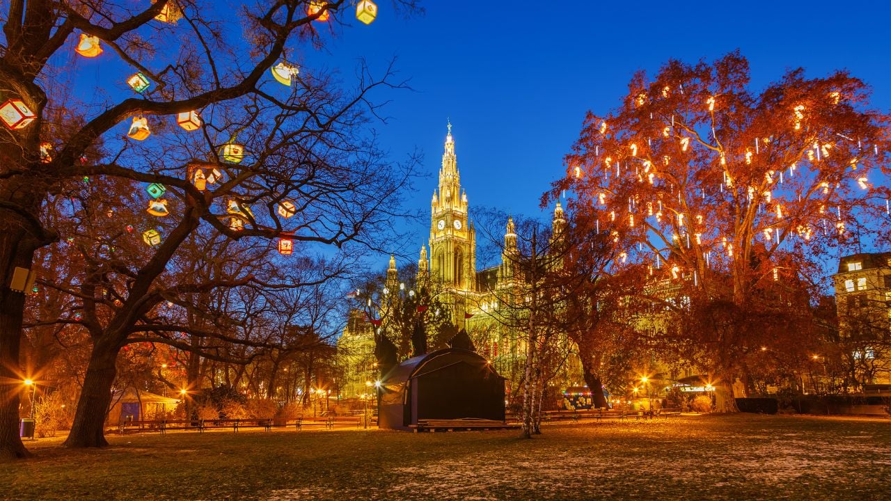Vienna City Hall and park decorated for Christmas lights in winter