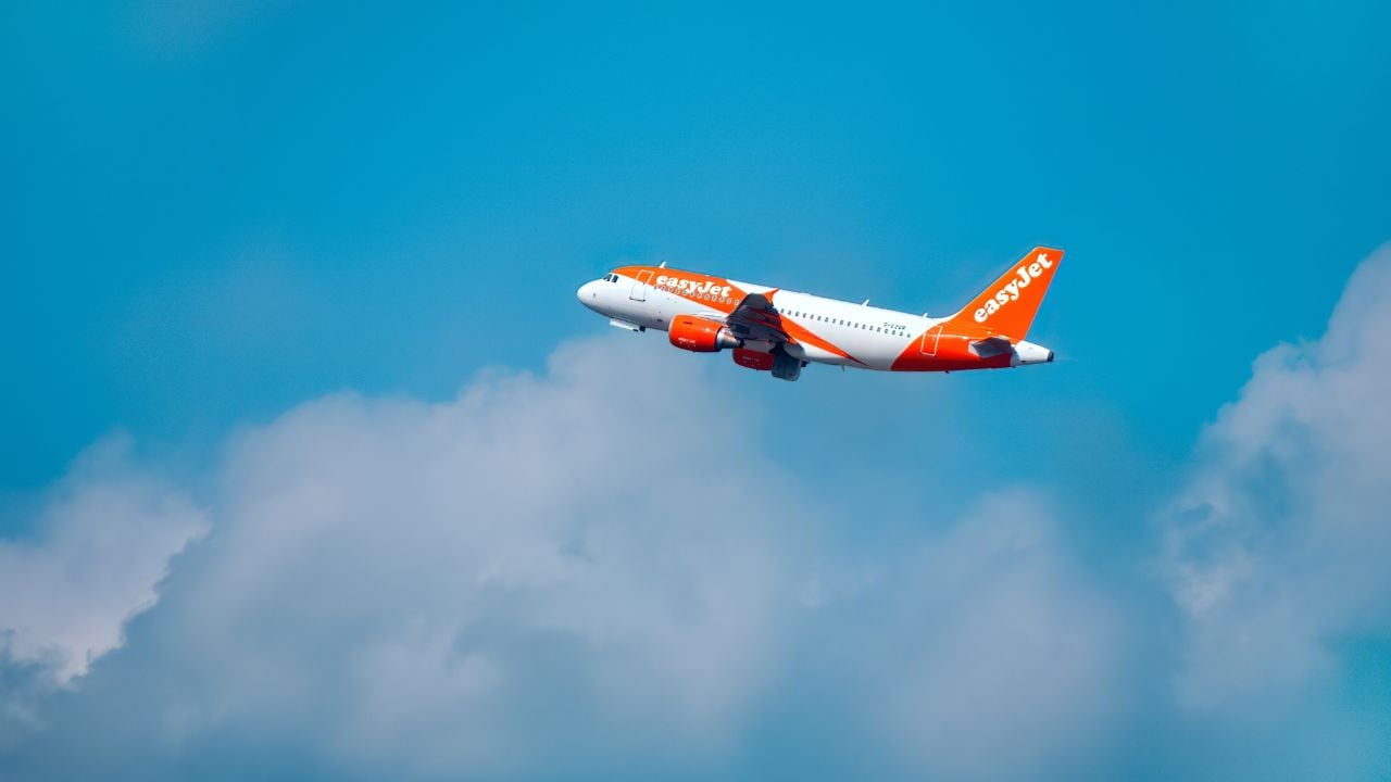 An easyJet aircraft taking off in blue cloudy sky