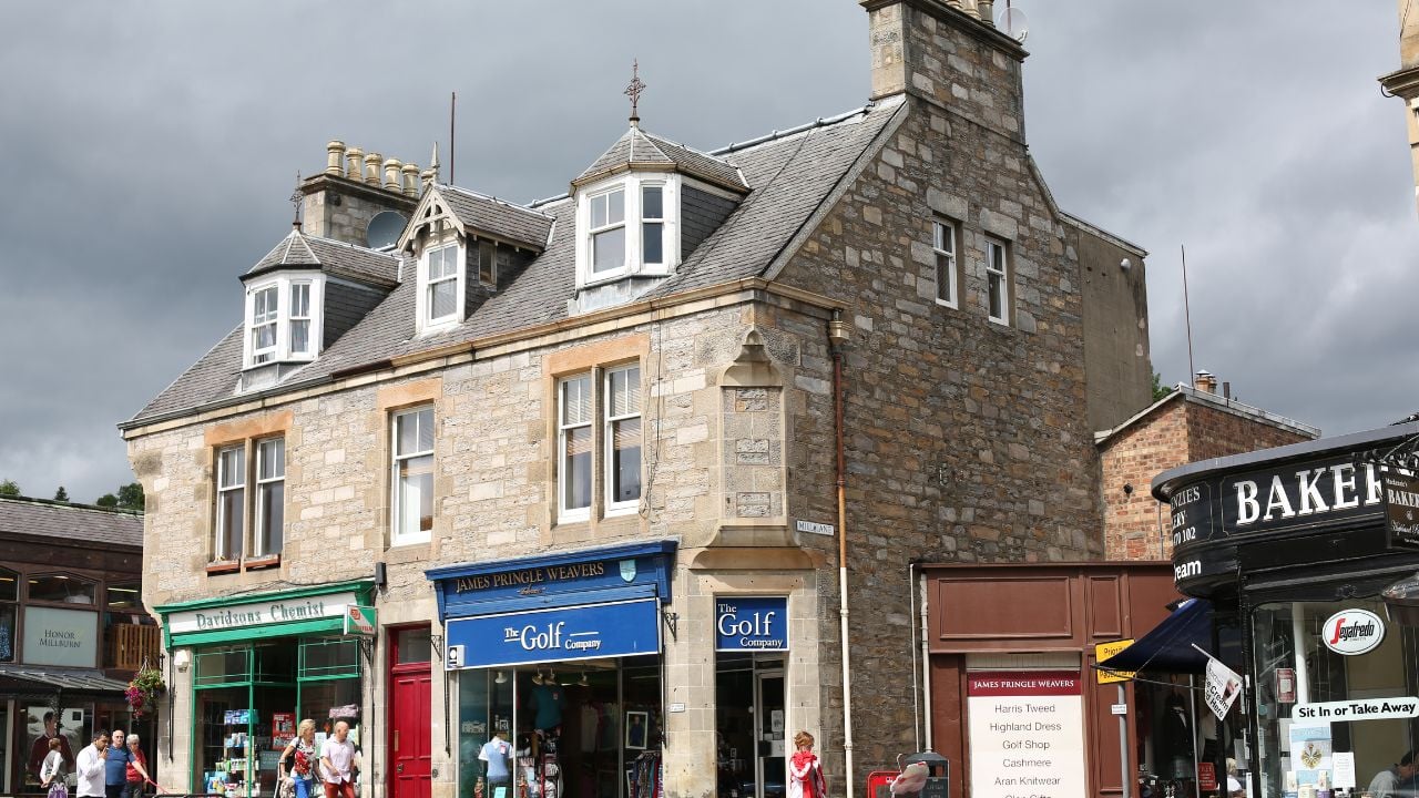 Historic downtown in Pitlochry, Scotland, Great Britain, 04-25-2018