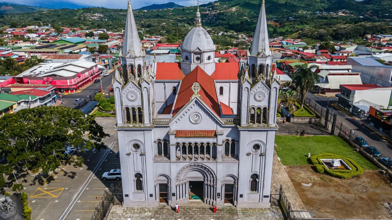 Alajuela, San Ramon Costa Rica - 07 07 2022: Beautiful aerial view of the San Ramon Church and town in Costa Rica