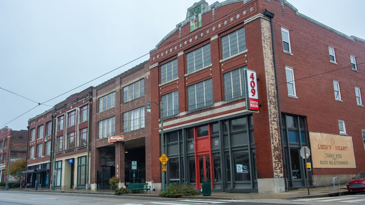 Memphis, USA – November 28, 2022 - View of the South Main Street with Blues Hall of Fame building at the end in the historic downtown Memphis, Tennessee
