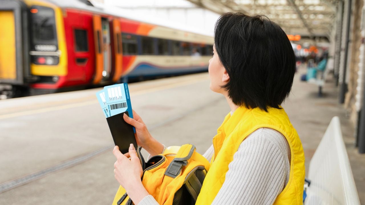 Woman holding tickets while waiting for a train at a station.