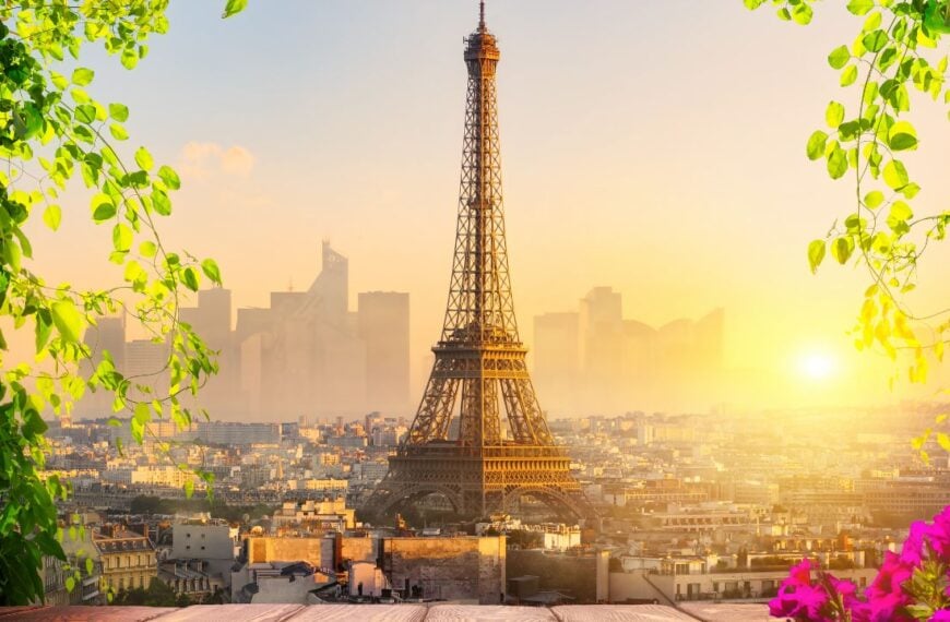 Parisian cityscape with the view on Eiffel Tower at sunset, France