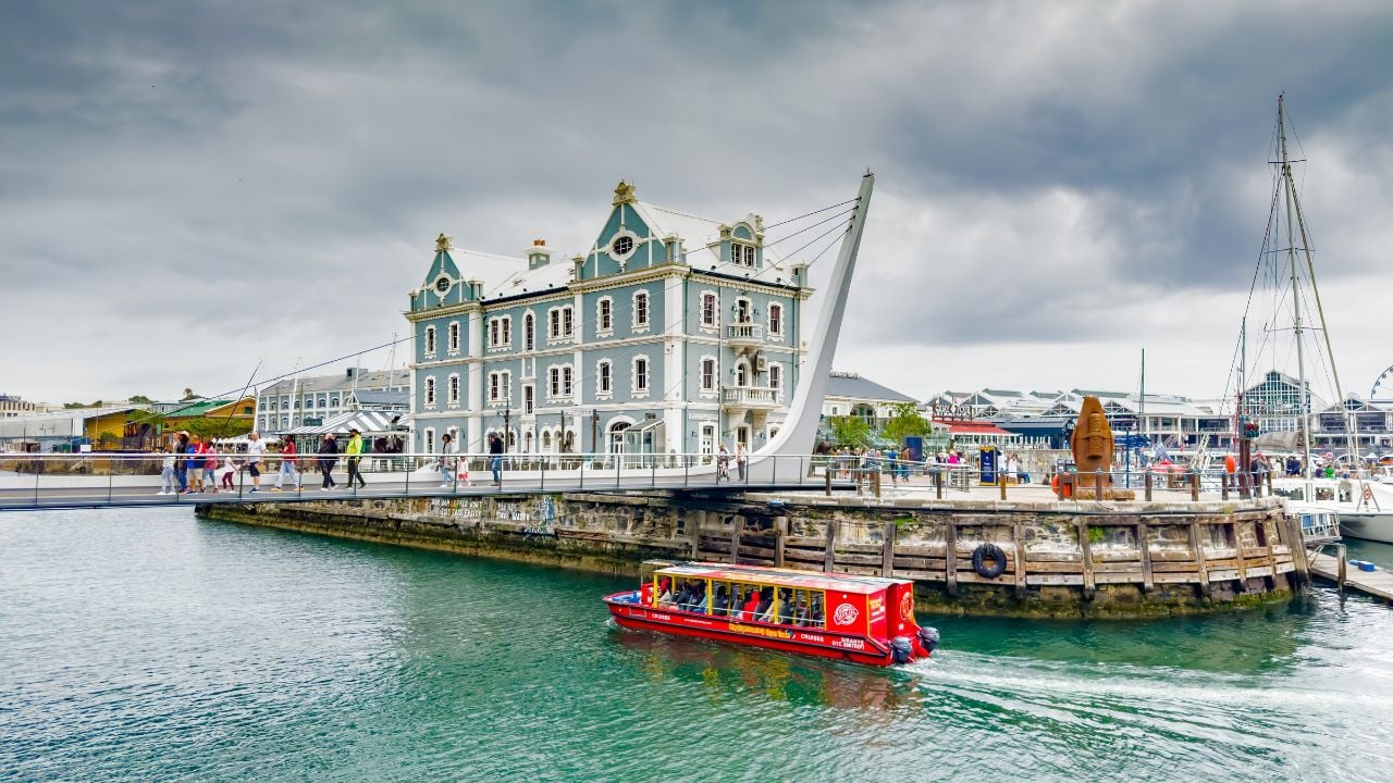 Cape Town, South Africa - March 8, 2023: Shipyard docks at V and A Waterfront Harbour