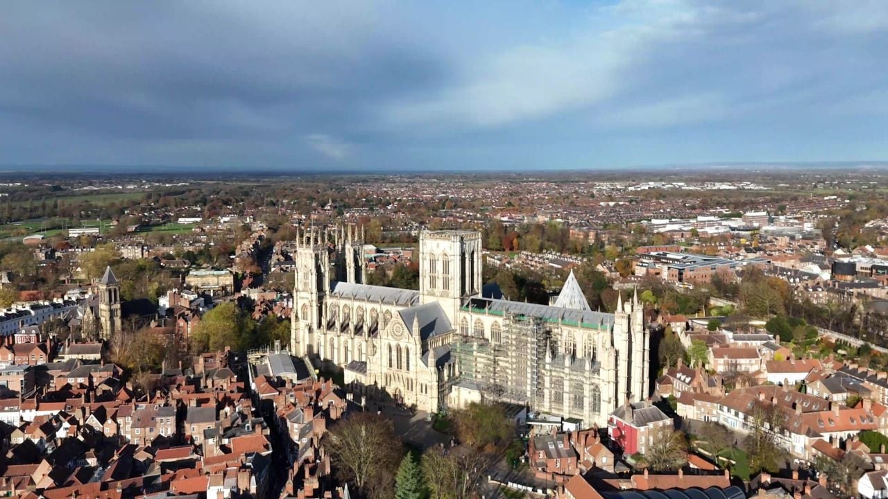 Aerial view of York and York Minster in England.