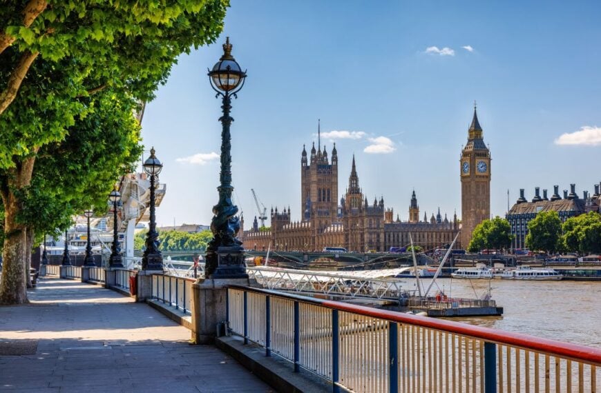 The London riverside of the Thames at Southbank with view to the Big Ben clocktower and Westminster Palace during a sunny summer day without people, United Kingdom