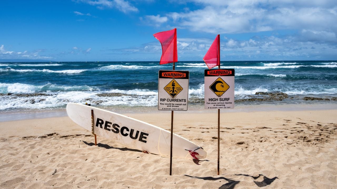 Beach warning signs and rescue equipment on a sandy beach in Maui, Hawaii.