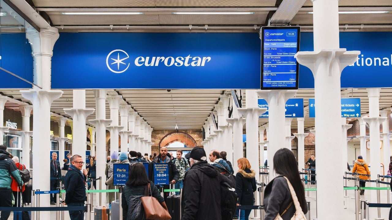 Passengers queuing in the Eurostar departure hall at London St Pancras International.