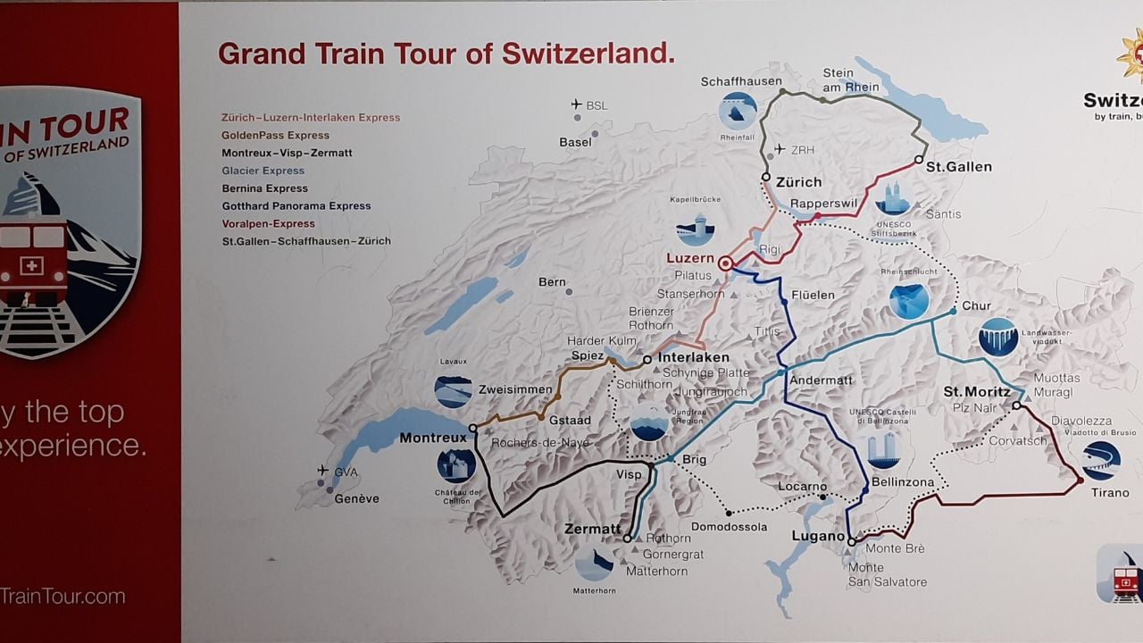Train on the Grand Train Tour of Switzerland route near Zurich.