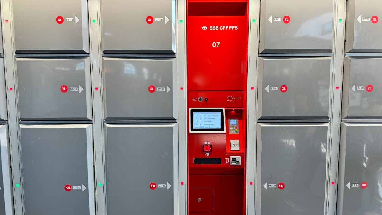 Luggage storage lockers at Zurich Hauptbahnhof in Switzerland.