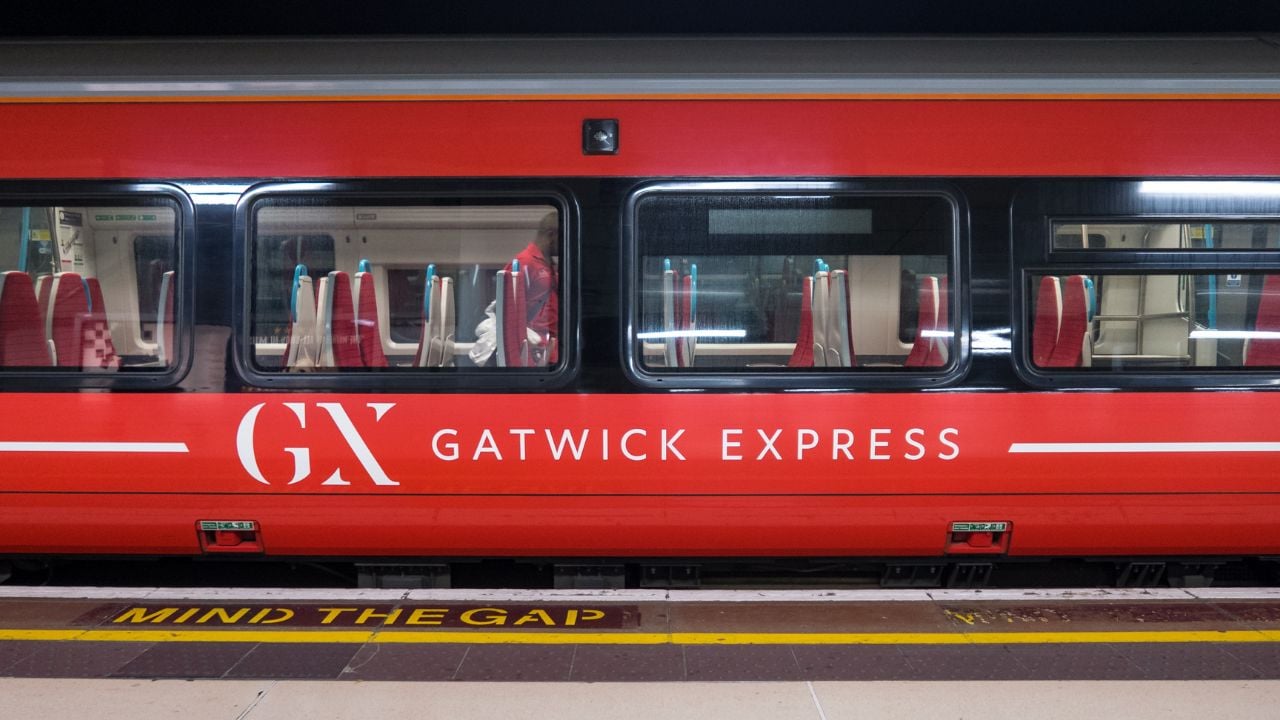Gatwick Express train at a London station platform.