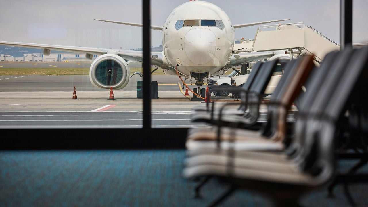 Airplane refueling and departure area. Transportation and energy industry.
