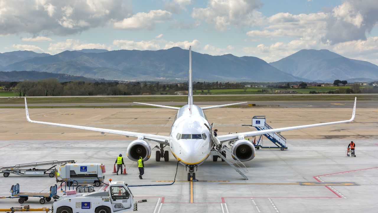 Ryanair Boeing 737 airplane at Girona Airport in Spain.