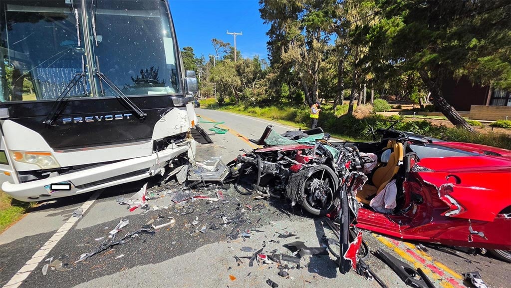 corvette collides with tour bus