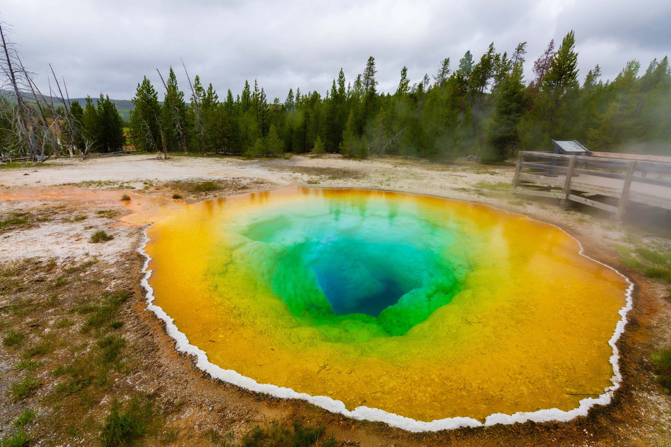 the morning glory hot spring, with yellow coloring on the outside and green/blue on the inside circle, looking like an eye