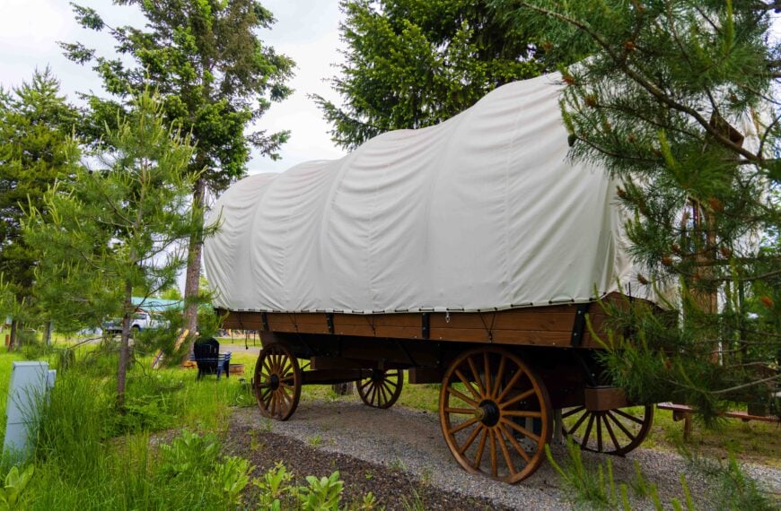 a covered wagon at north haven campground that has been turned into a place to sleep