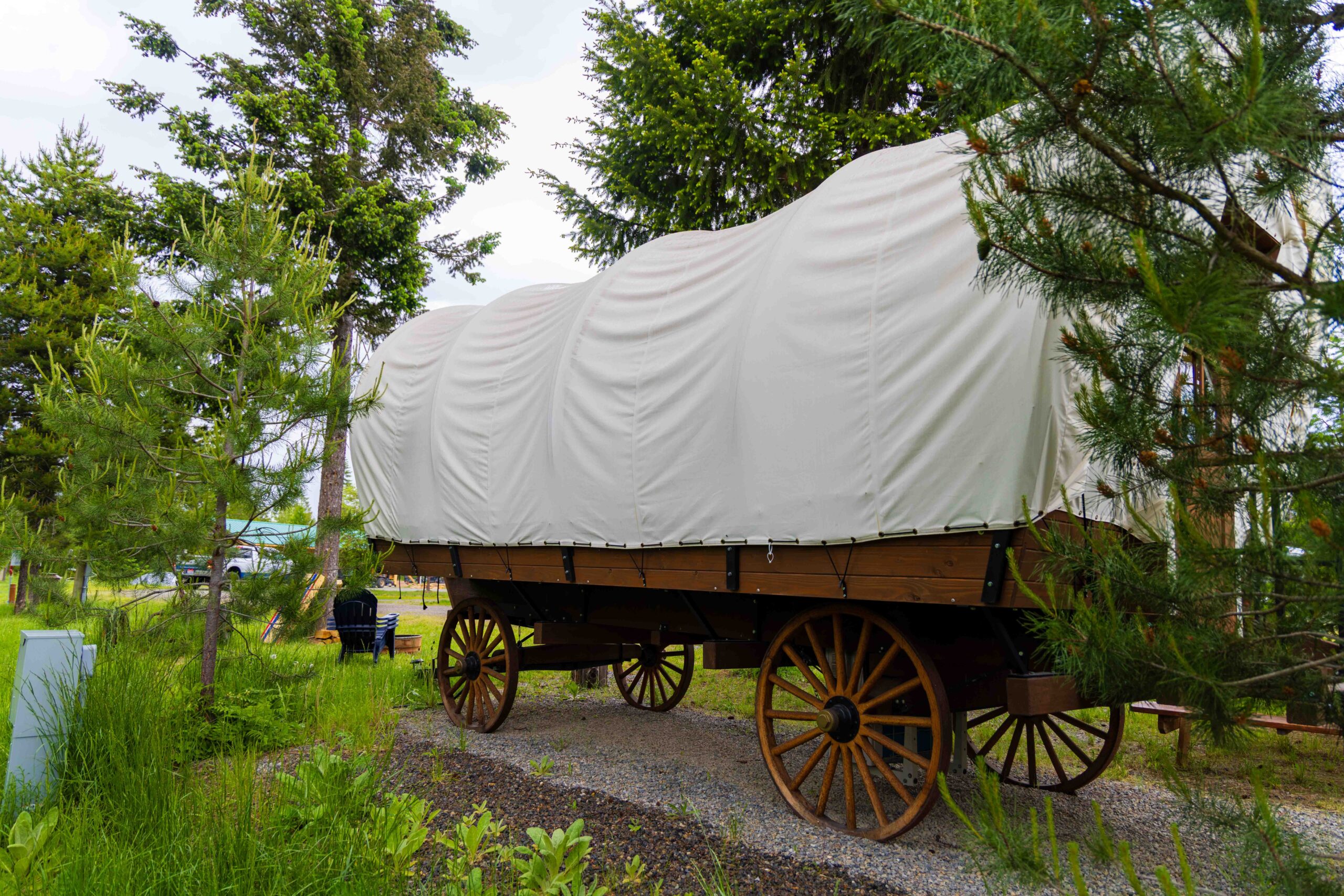 a covered wagon at north haven campground that has been turned into a place to sleep