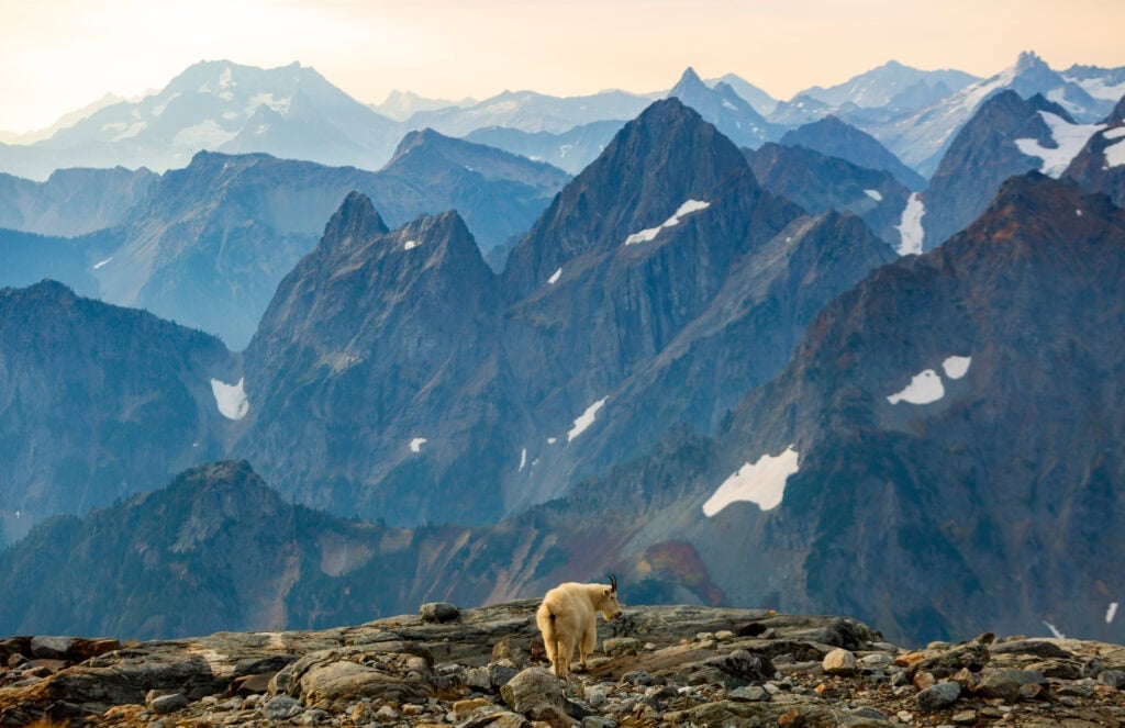 Rugged mountain ridgelines with rocky peaks and a broad alpine valley stretching into the distance
