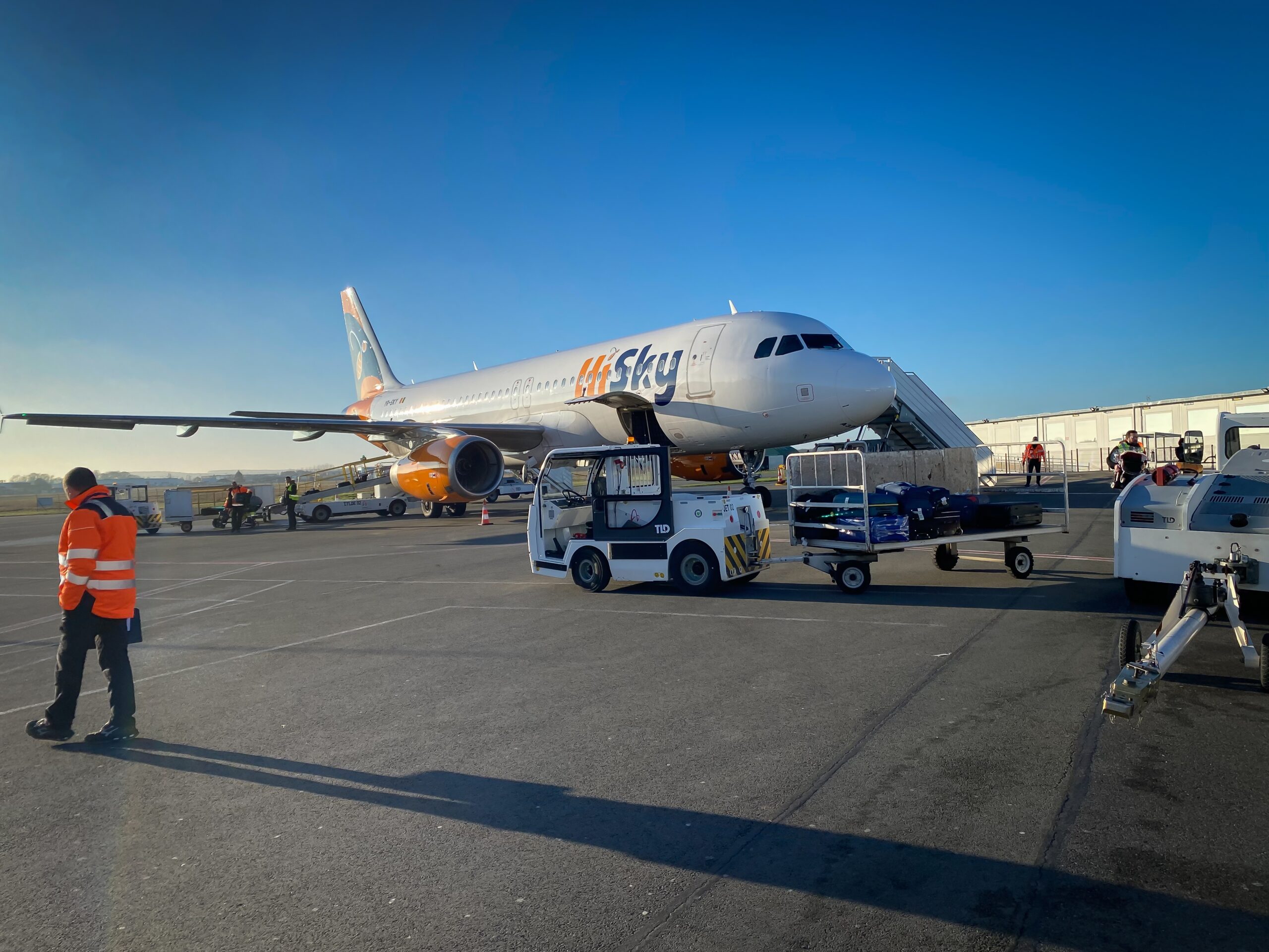 HI SKY plane on the tarmac at Paris Beauvais Airport before takeoff.