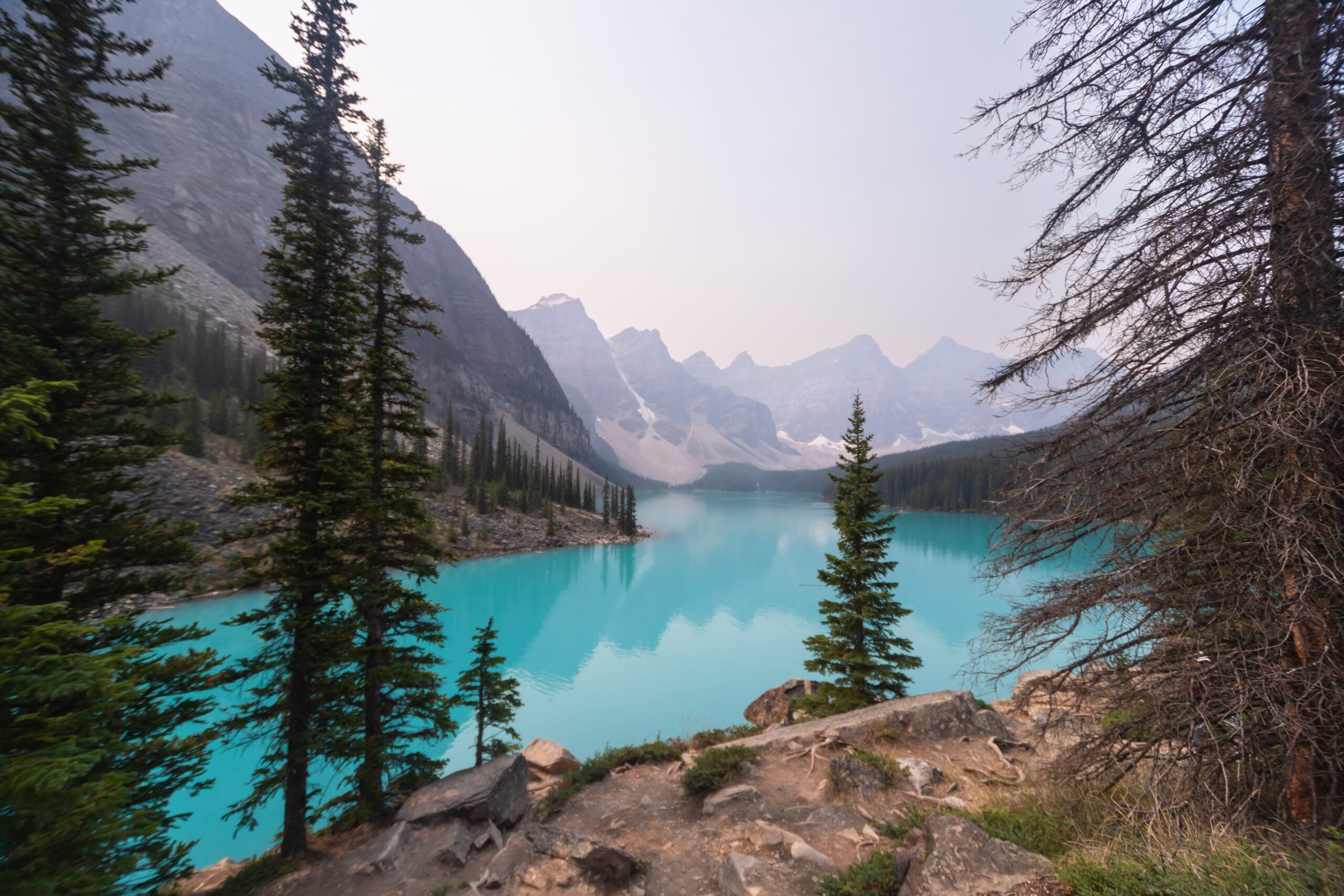 Moraine Lake with turquoise water and Canadian Rocky Mountains in Banff National Park.
