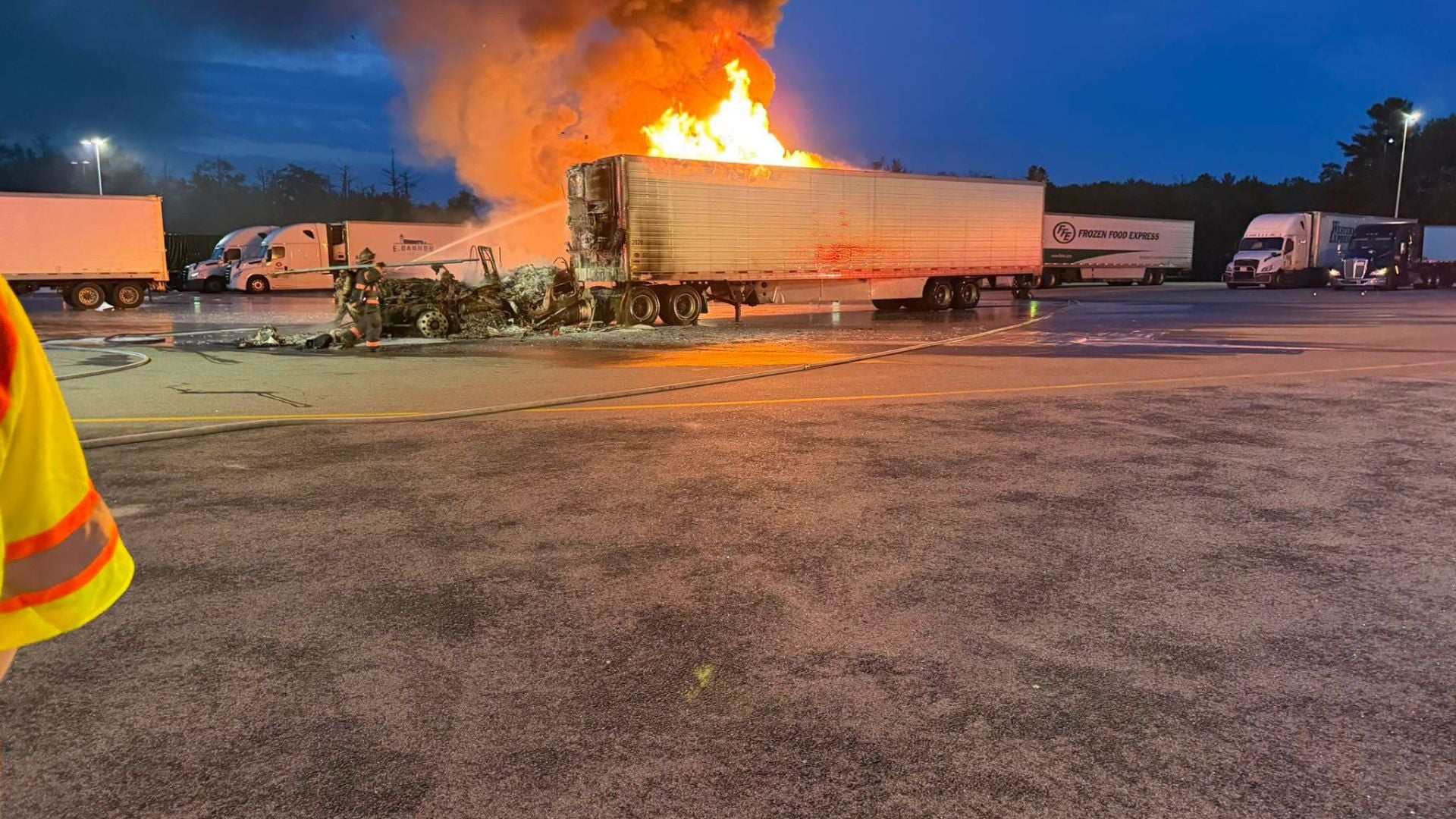 Picture of tractor‑trailer fire at Maine Turnpike plaza