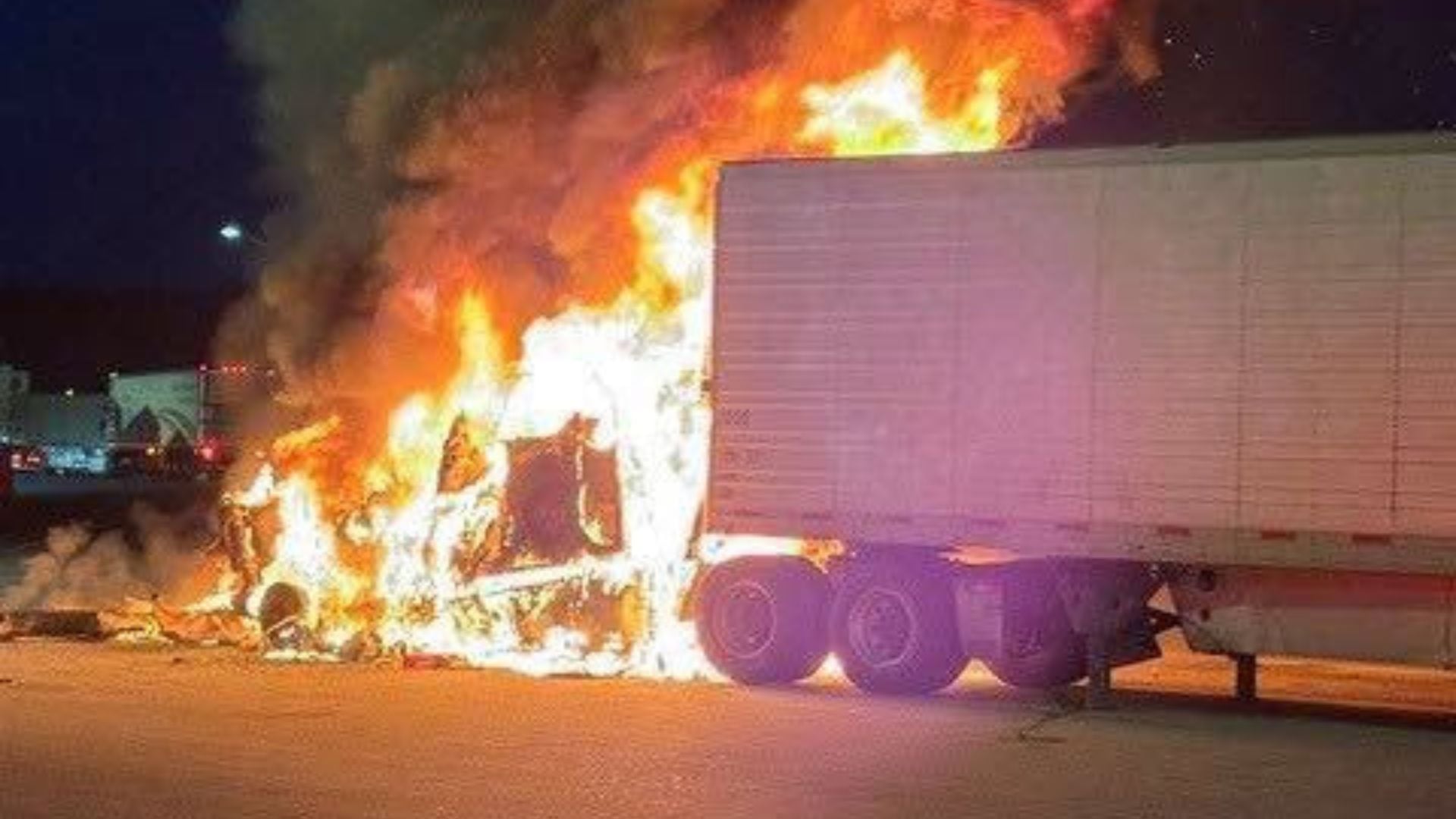 Picture of tractor‑trailer fire at Maine Turnpike plaza