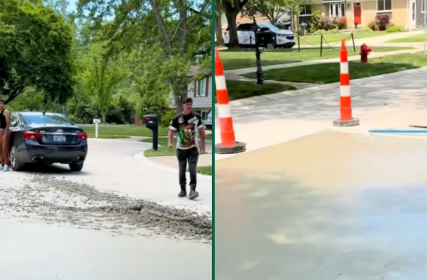 Driver Goes Straight Through Wet Concrete, Sparks Debate Over Construction Zone Setup
