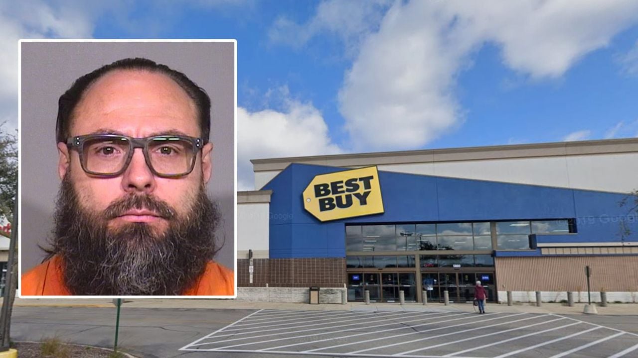 Wayne Mikulski mugshot shown alongside the Best Buy store in Crystal Lake, Illinois, where police recovered a stolen Dodge Durango.