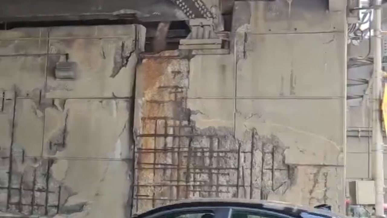 Driver Films Exposed Rebar Where Concrete Already Fell on Cars.