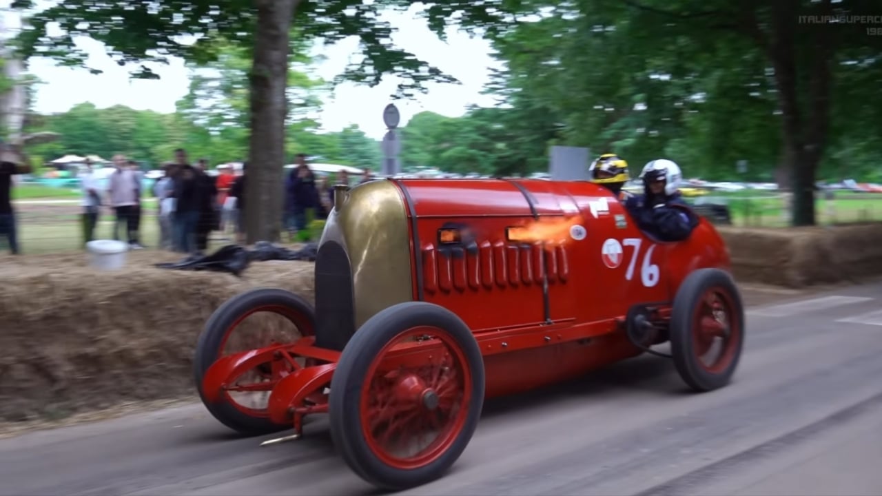 The 28.4 liter flamethrowing 1911 Fiat S76 prewar MONSTER engine SOUND _ Start Up, Accelerations! 0-34 screenshot C2