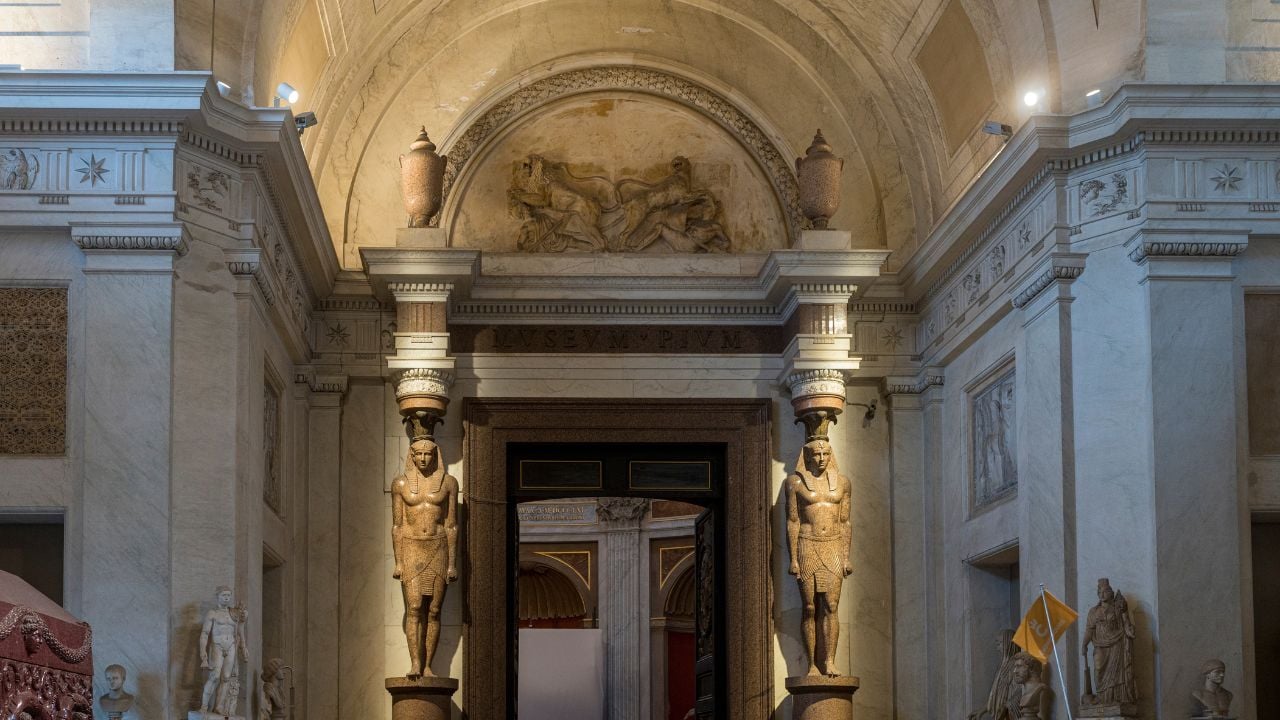 Ancient art and architecture inside the Vatican Museums in Vatican City.