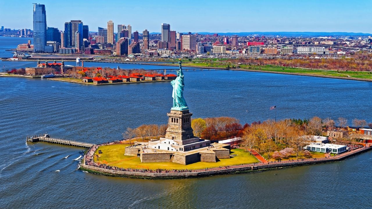 The Statue of Liberty on Liberty Island in New York Harbor.