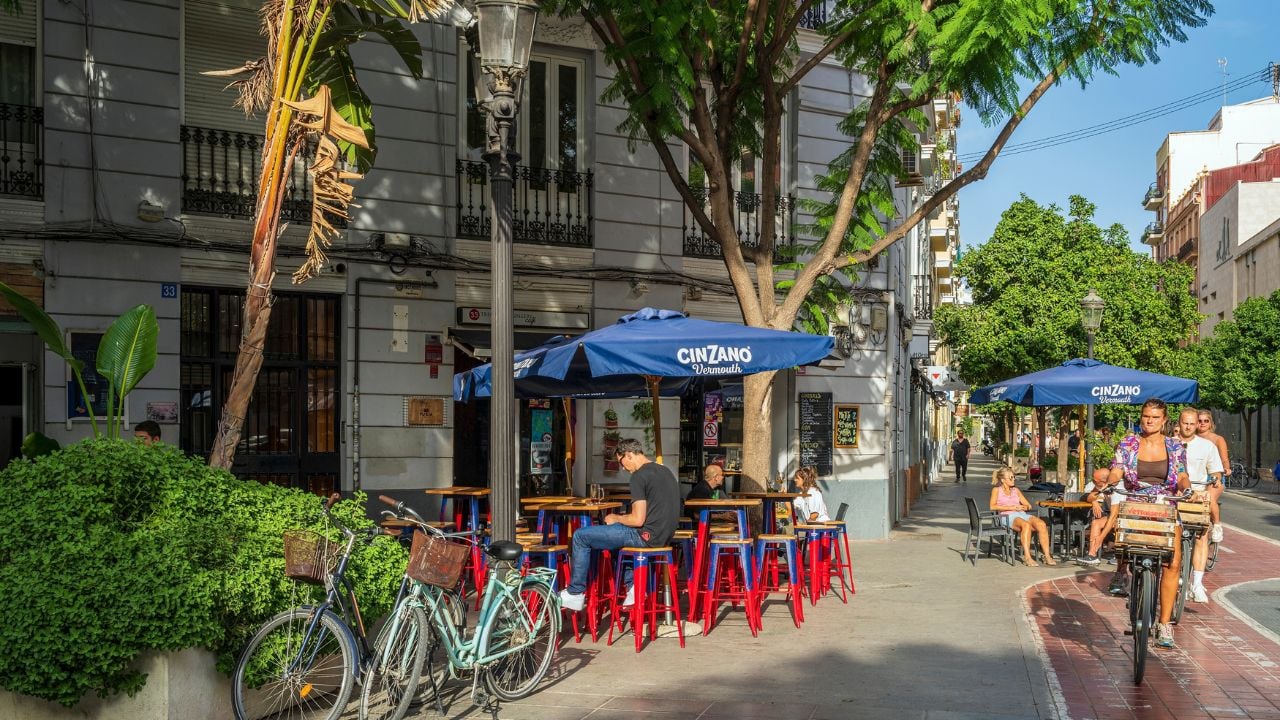 Valencia, Valencian Community, Spain - October 5, 2024: Sidewalk cafe in Ruzafa neighborhood