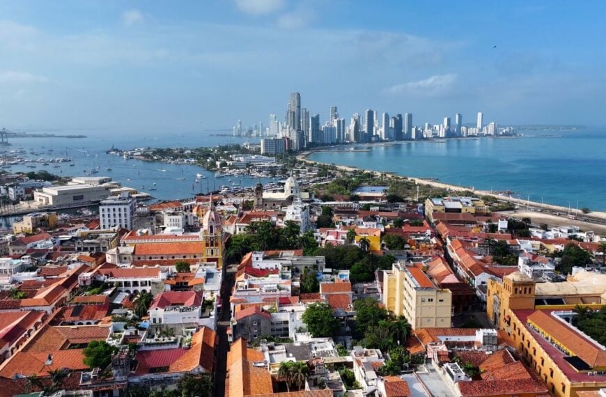 Downtown District At Cartagena Das Indias In Bolivar Colombia. Caribbean Seascape. Downtown City. Cartagena Das Indias At Bolivar Colombia. Highrise Buildings Landscape. Cityscape Landmark.