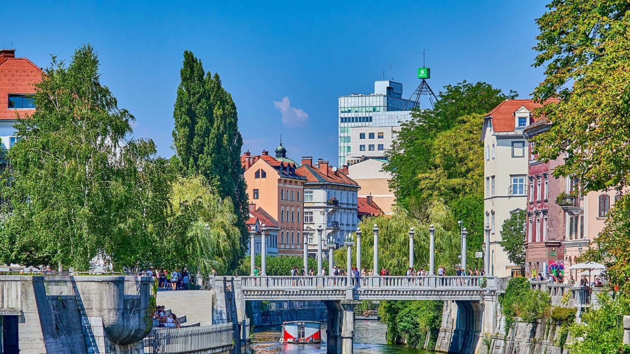 River cruise boat on the Ljubljanica River in Ljubljana, Slovenia.