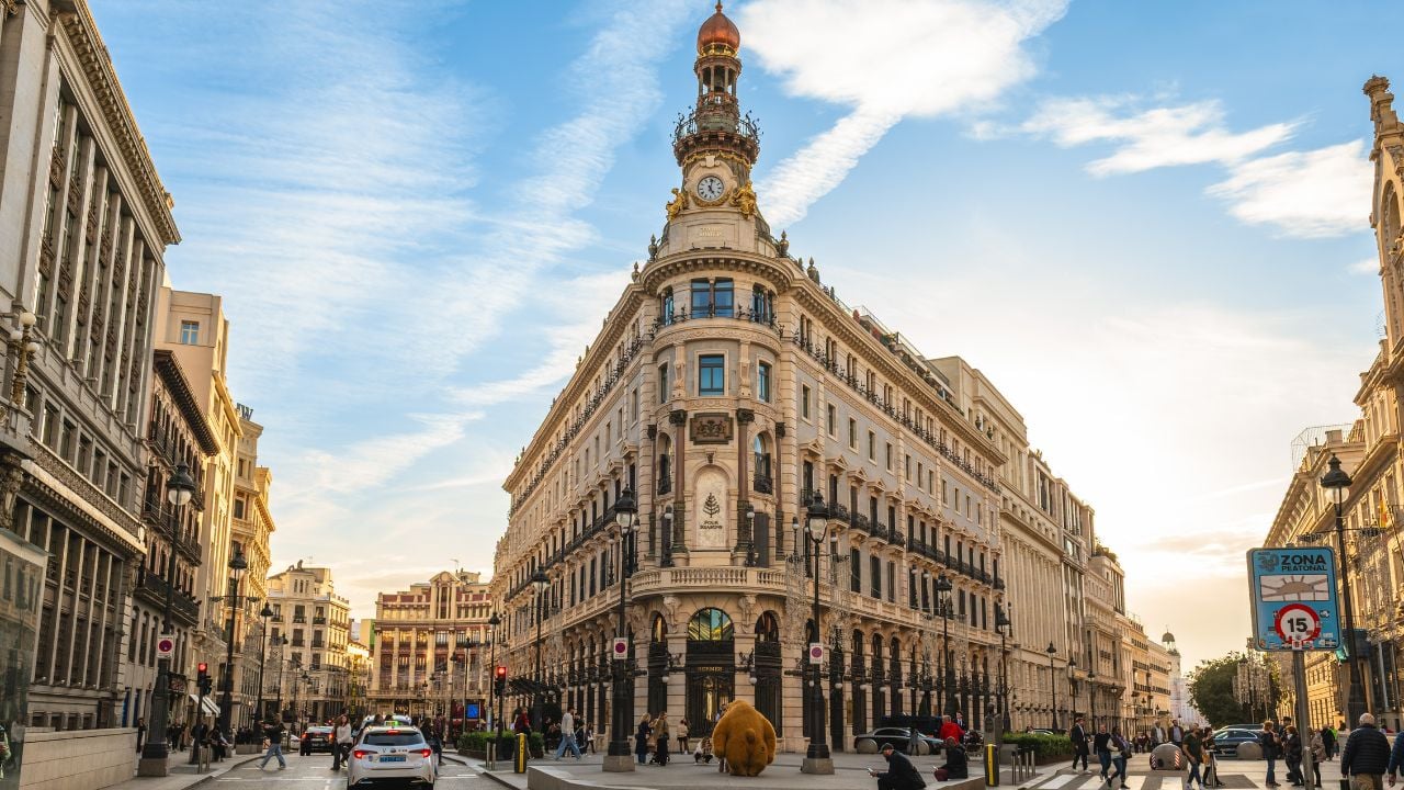 Luxury hotel exterior in central Madrid, Spain.