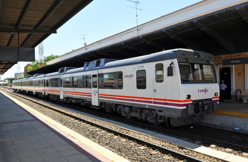 Merida, Spain; Jul 13 2012: Passenger train at the Merida railway station, Extremadura, Spain