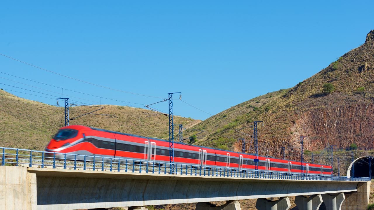 High-speed train crossing a viaduct in Zaragoza Province, Aragon, on the Madrid to Barcelona route