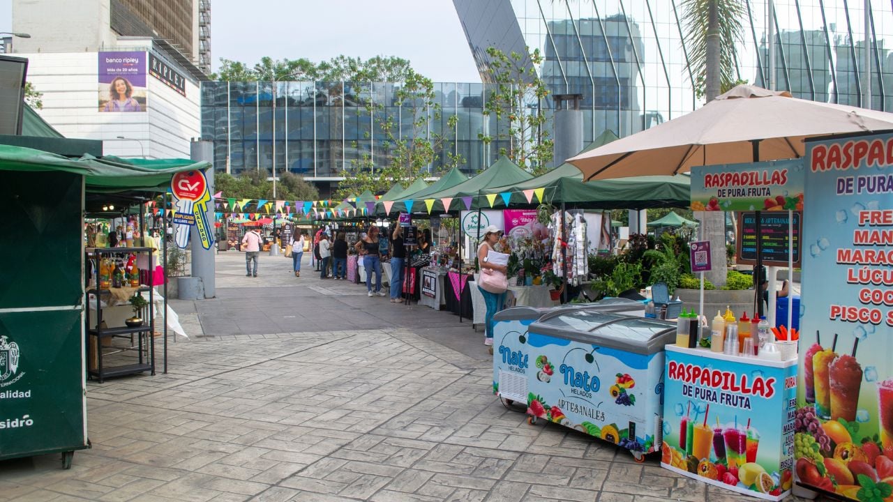 Food and product stands at a street fair in San Isidro, Lima, Peru