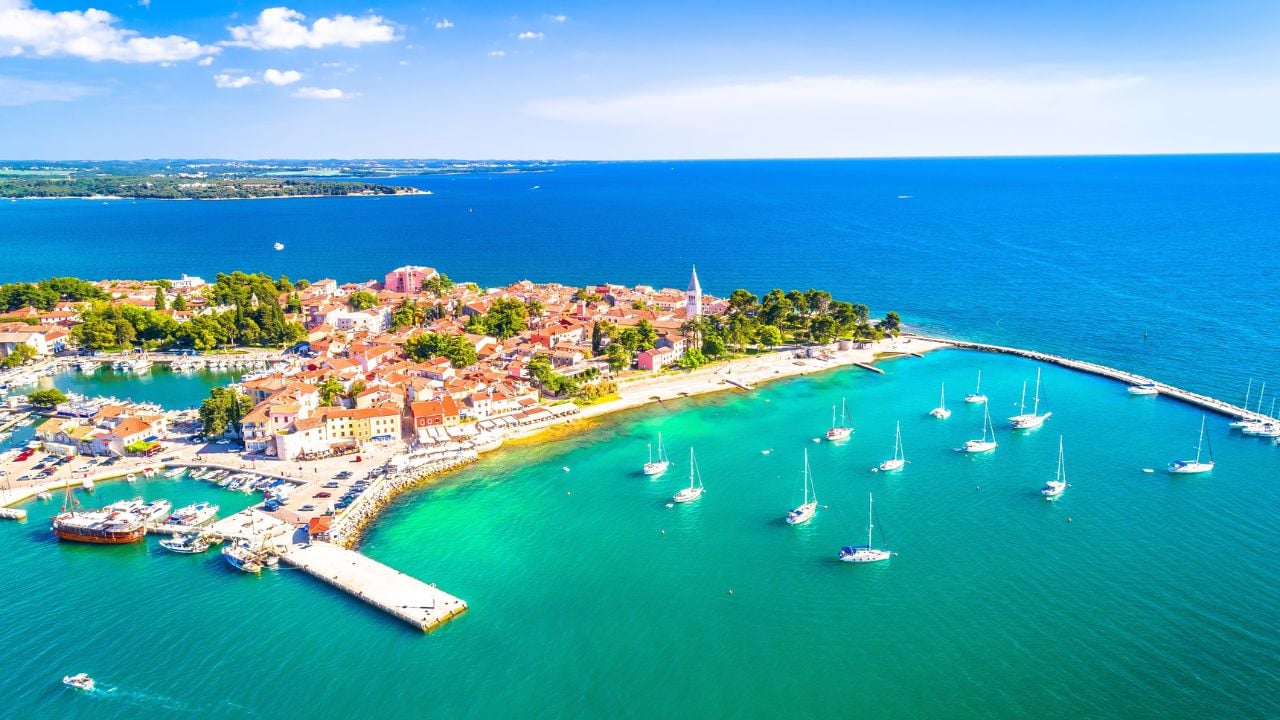 Aerial view of Novigrad Istarski, a historic Adriatic coastal town in Istria, Croatia