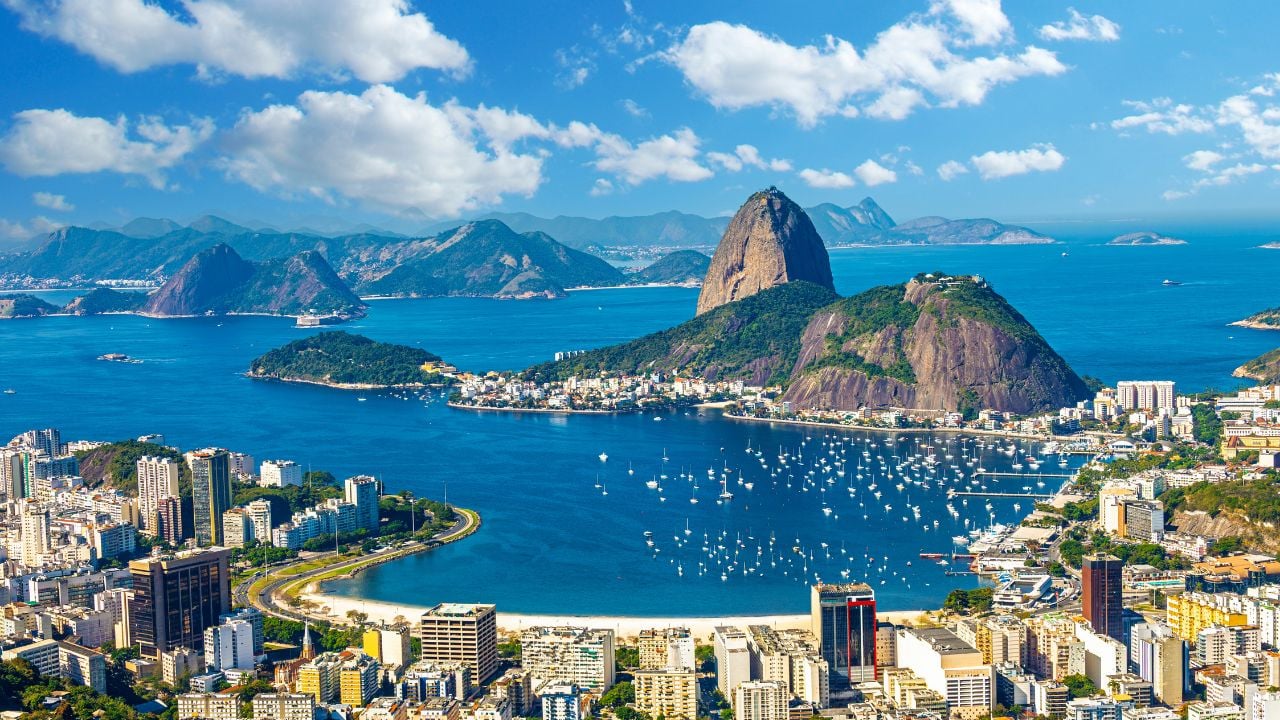 Aerial view of Botafogo Bay and Sugarloaf Mountain in Rio de Janeiro, Brazil