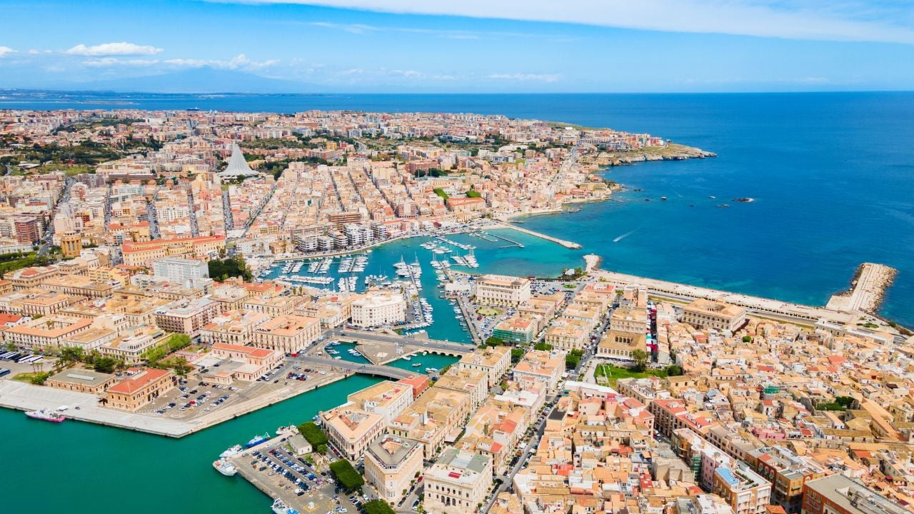 Aerial view of Syracuse and Ortygia in Sicily, Italy