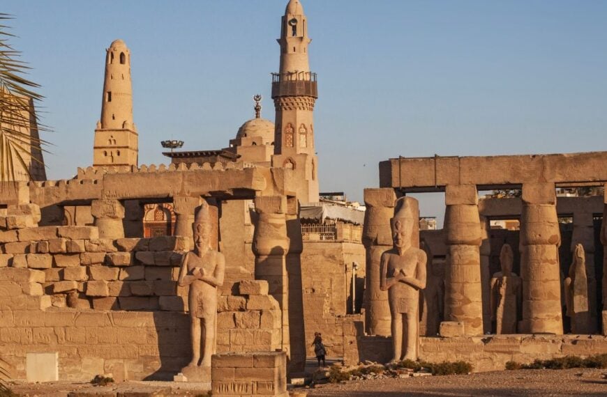 Luxor, Egypt - March 10, 2025: View of the Temple Colonnade of Amenhotep III from the Courtyard of Ramses II at Luxor Temple, in Luxor, Thebes, Egypt.
