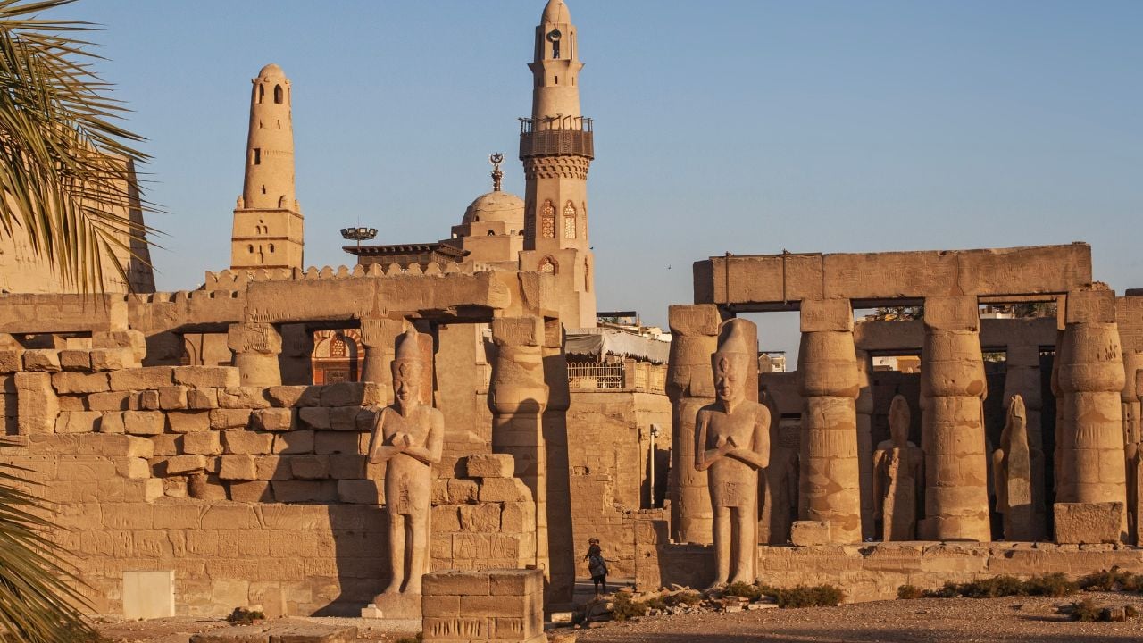 Luxor, Egypt - March 10, 2025: View of the Temple Colonnade of Amenhotep III from the Courtyard of Ramses II at Luxor Temple, in Luxor, Thebes, Egypt.