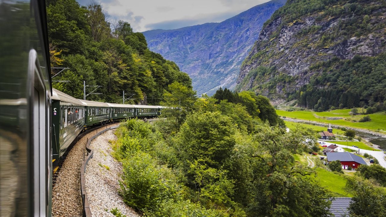 Flåm Railway train climbing between Flåm and Myrdal in Norway